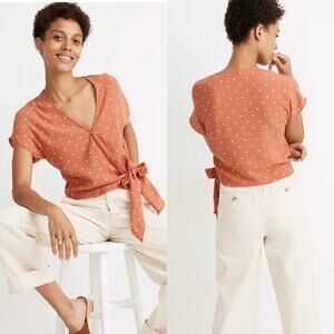Madewell Top Womens Medium Coral Sash Tie Wrap Polka Dot Short Sleeve V Neck